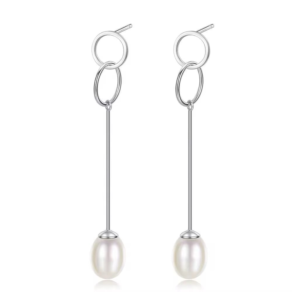 •High-End S925 Sterling Silver Natural Pearl Dual Circle Drop Long Earrings